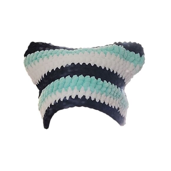 Handmade Black White Green Crochet Cat Ear Beanie Hat NEW - Picture 2 of 11